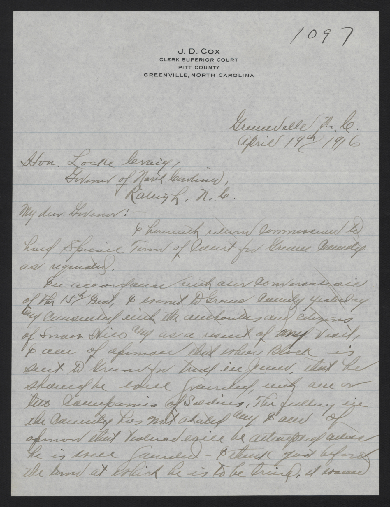 Letter from Whedbee to Craig, April 19, 1916, page 1