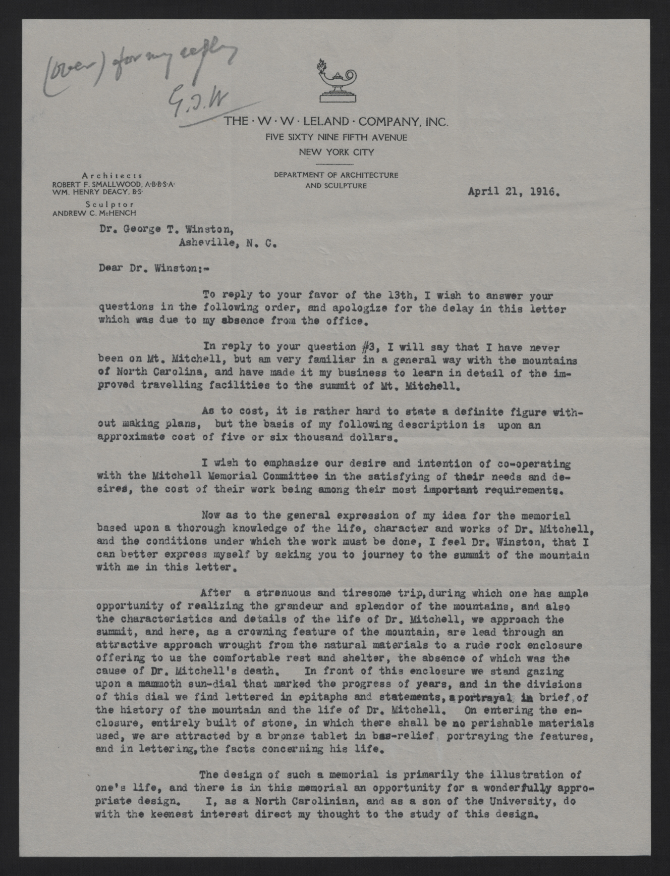 Letter from Smallwood to Winston, April 21, 1916, page 1