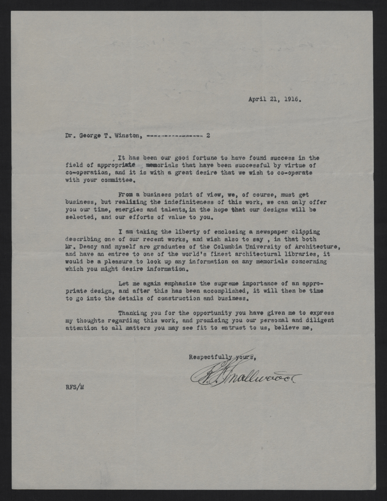 Letter from Smallwood to Winston, April 21, 1916, page 2