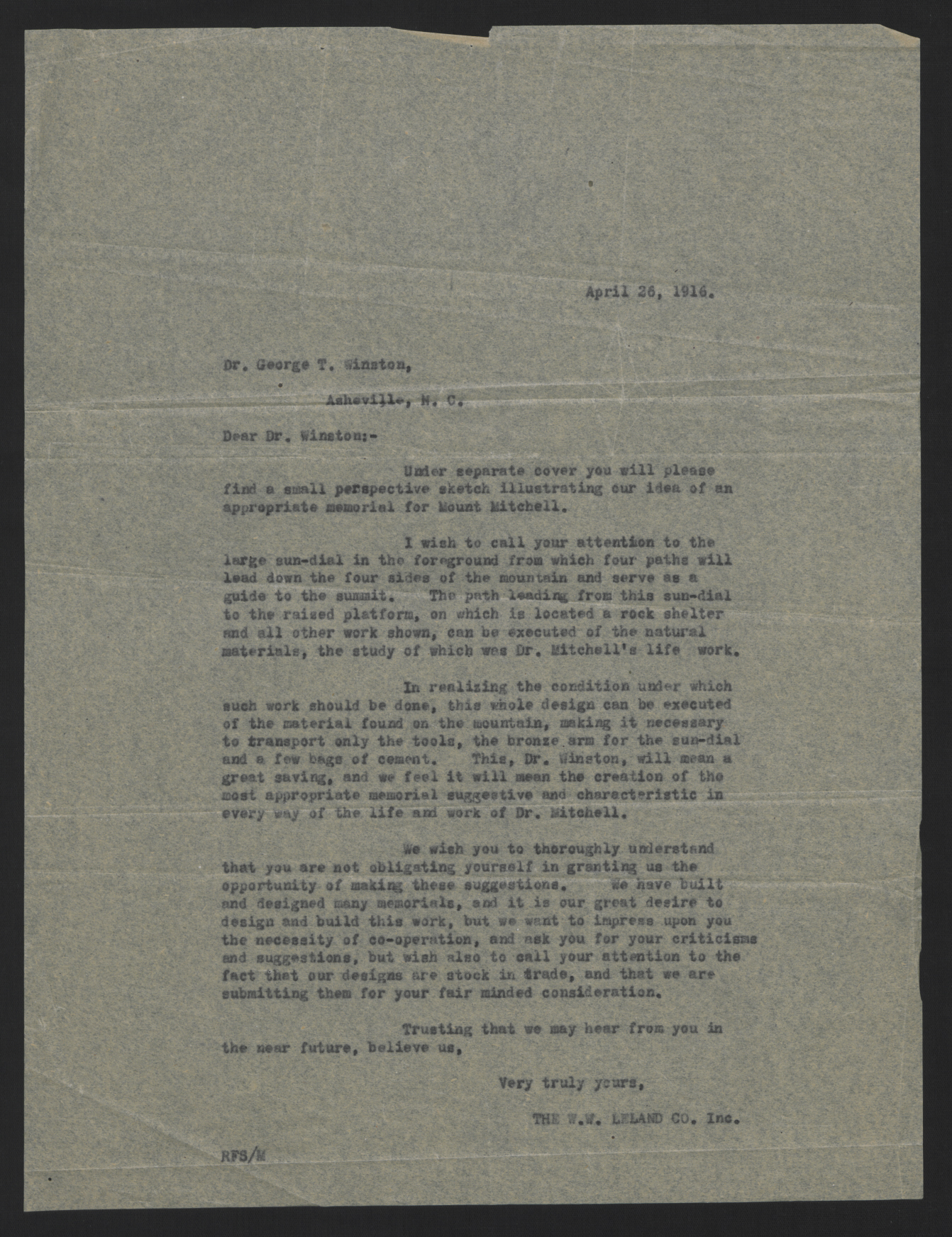 Letter from Smallwood to Winston, April 26, 1916