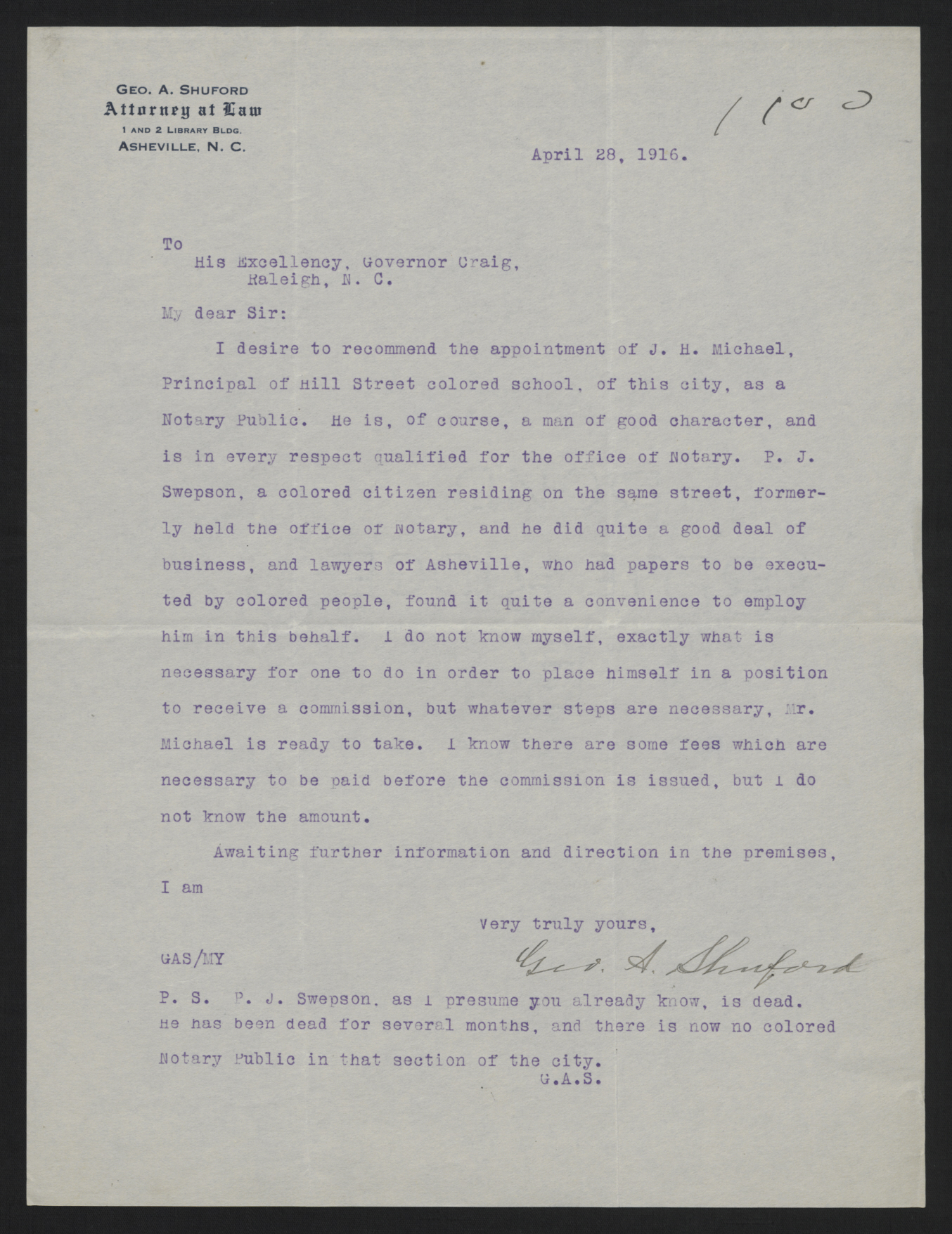 Letter from Shuford to Craig, April 28, 1916