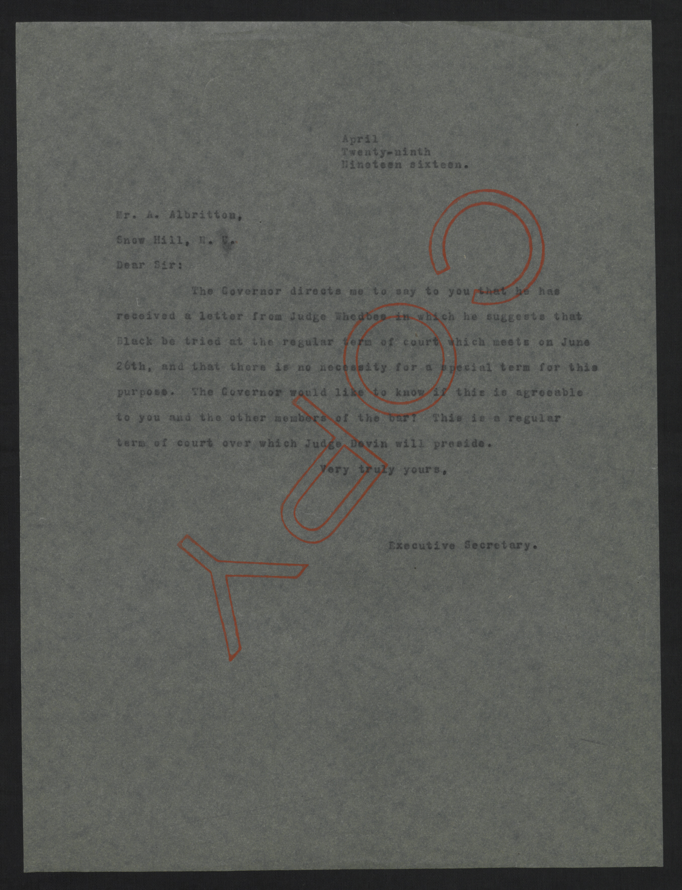 Letter from Jones to Albritton, April 29, 1916