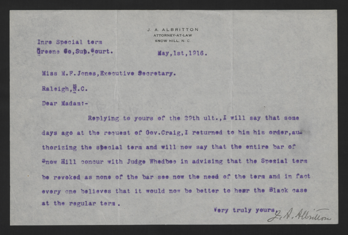 Letter from Albritton to Jones, May 1, 1916