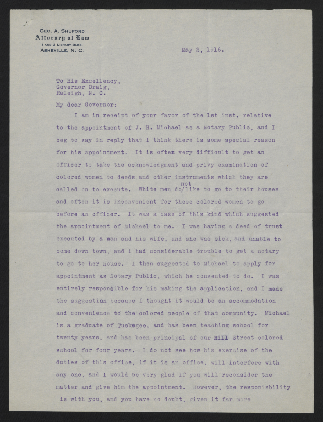 Letter from Shuford to Craig, May 2, 1916, page 1
