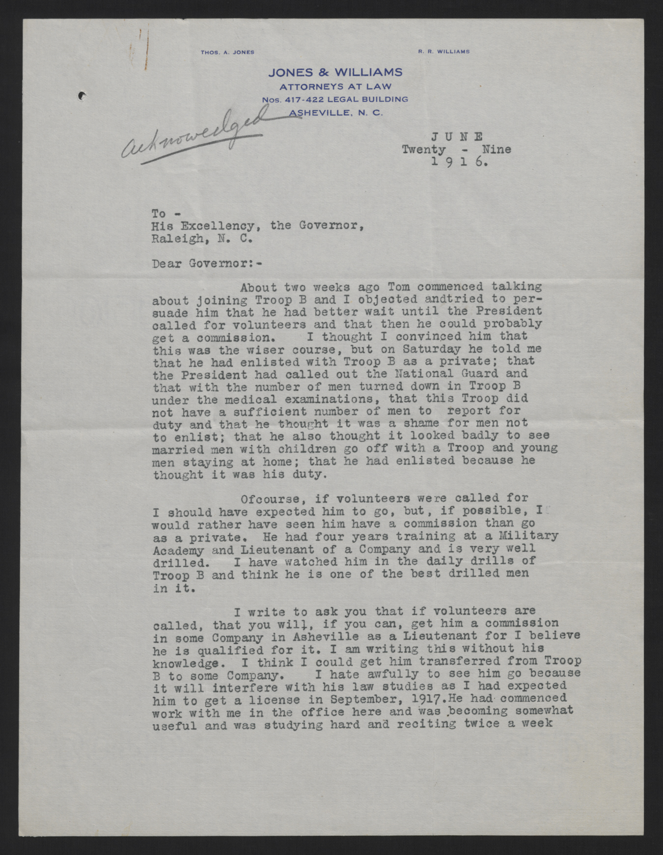 Letter from Jones to Craig, June 29, 1916, page 1