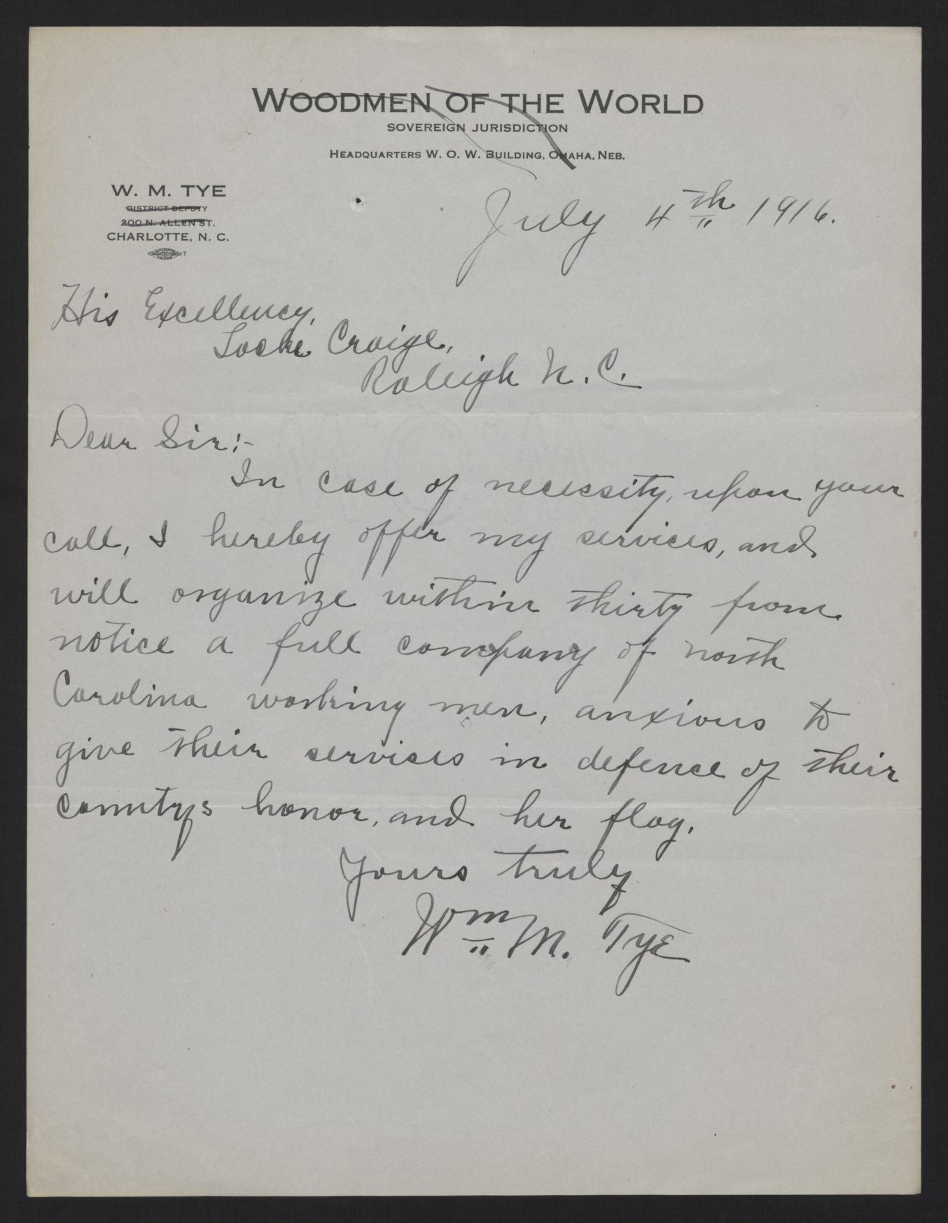 Letter from Tye to Craig, July 4, 1916