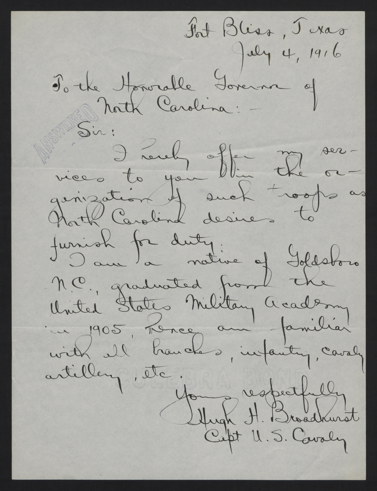 Letter from Broadhurst to Craig, July 4, 1916