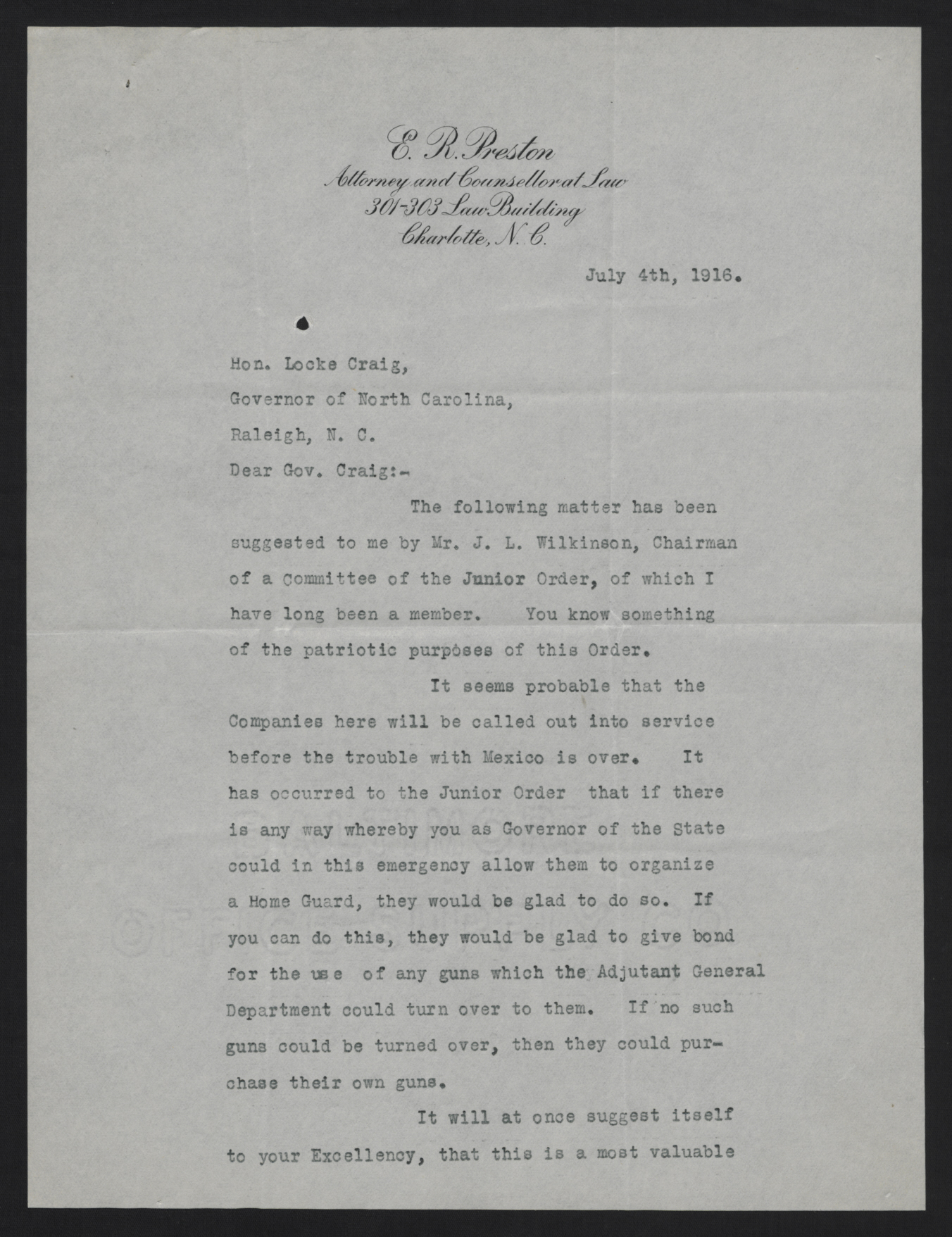 Letter from Preston to Craig, July 4, 1916, page 1