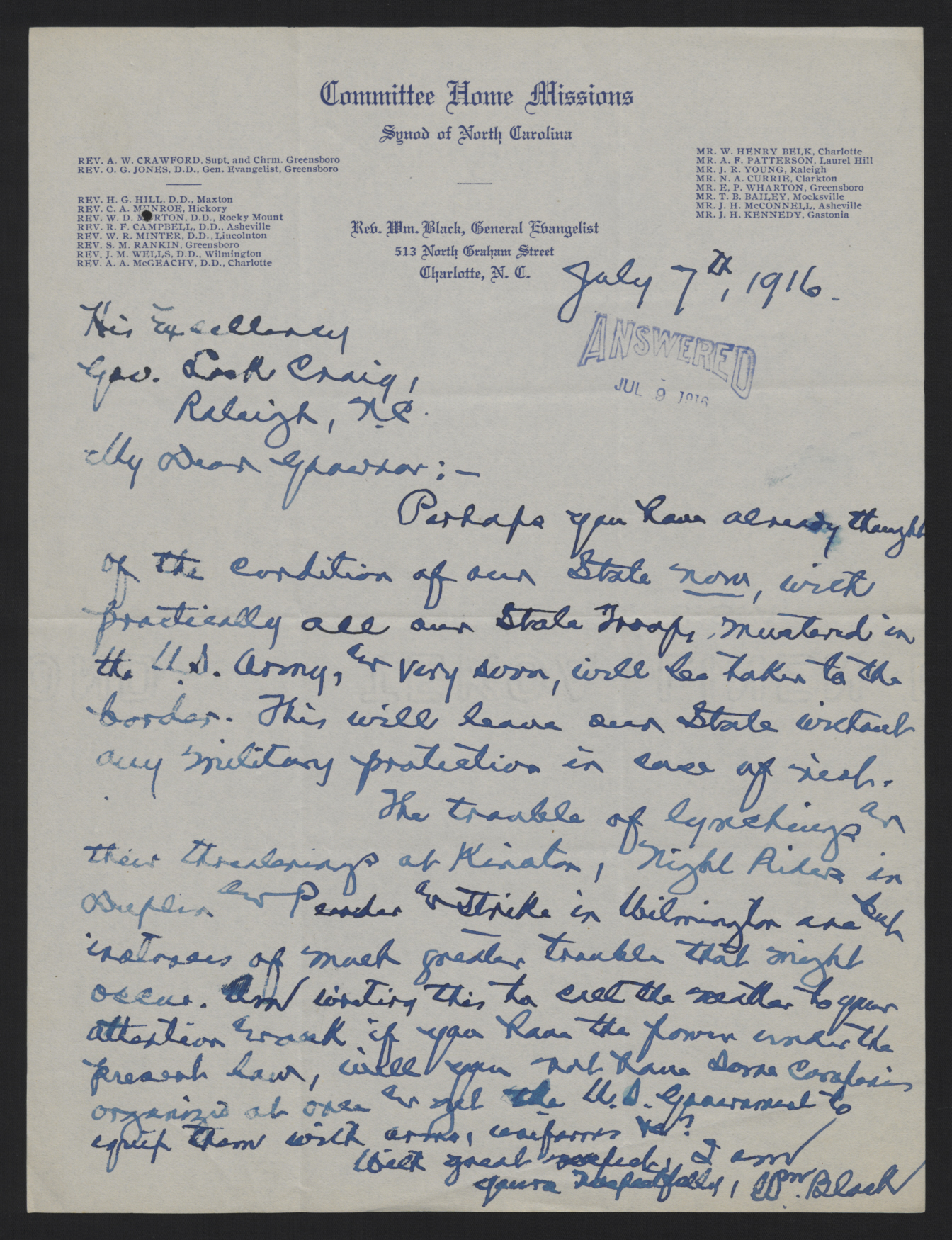 Letter from Black to Craig, July 7, 1916