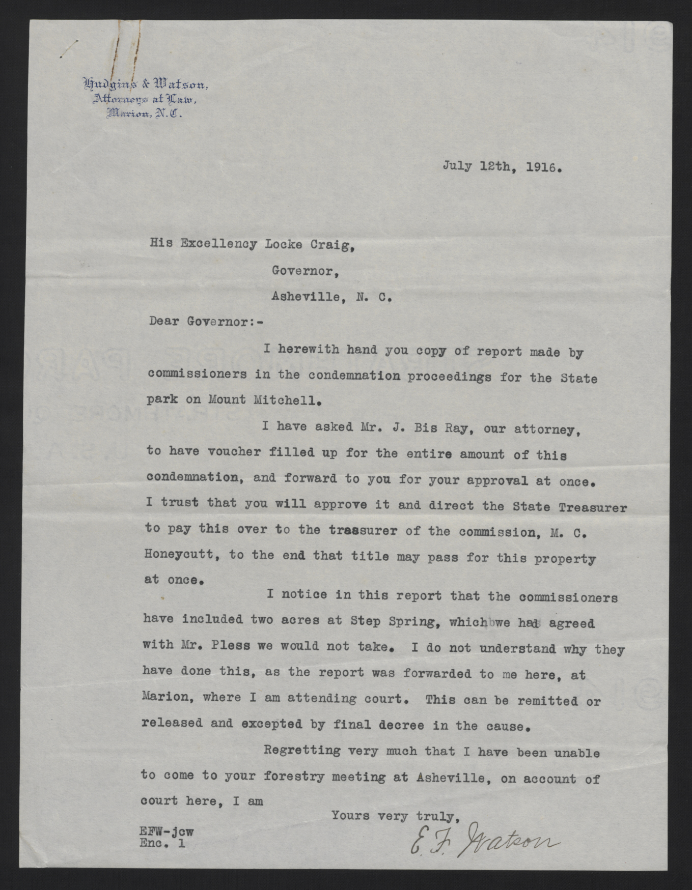 Letter from Watson to Craig, July 12, 1916