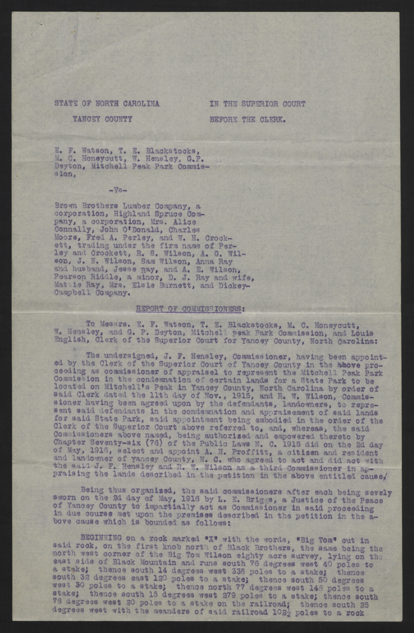 Report of the Mitchell Peak Park Commission, 10 July 1916, page 1