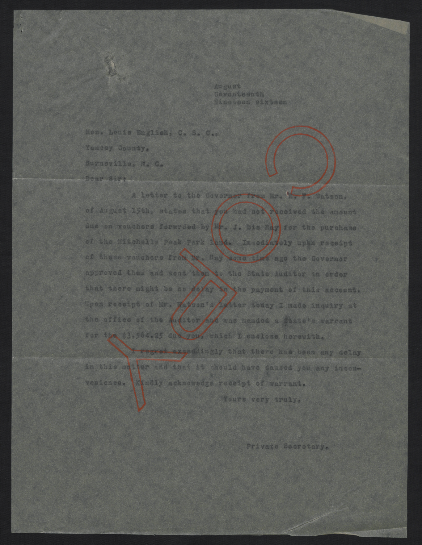 Letter from Jones to English, August 17, 1916