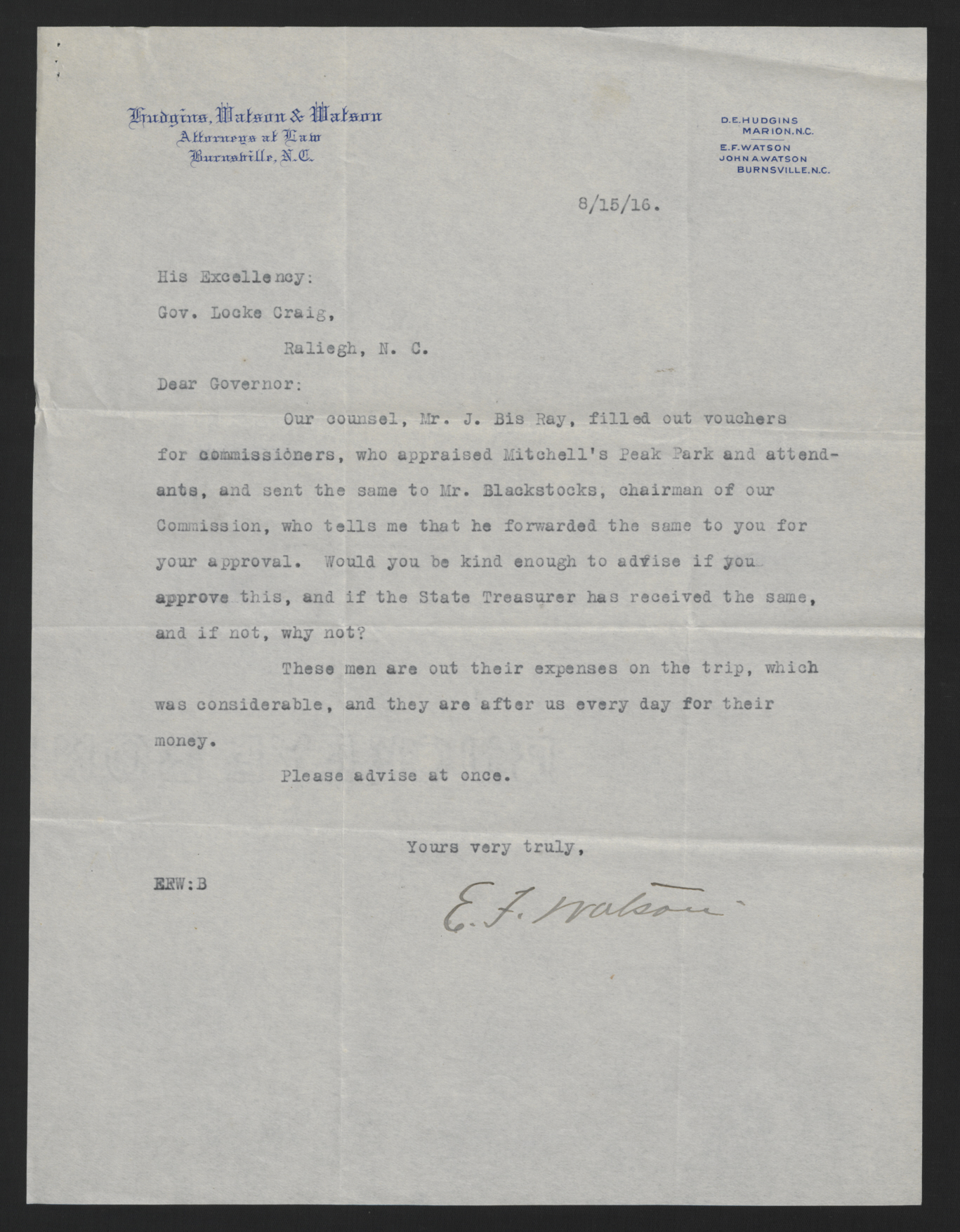Letter from Watson to Craig, August 15, 1916