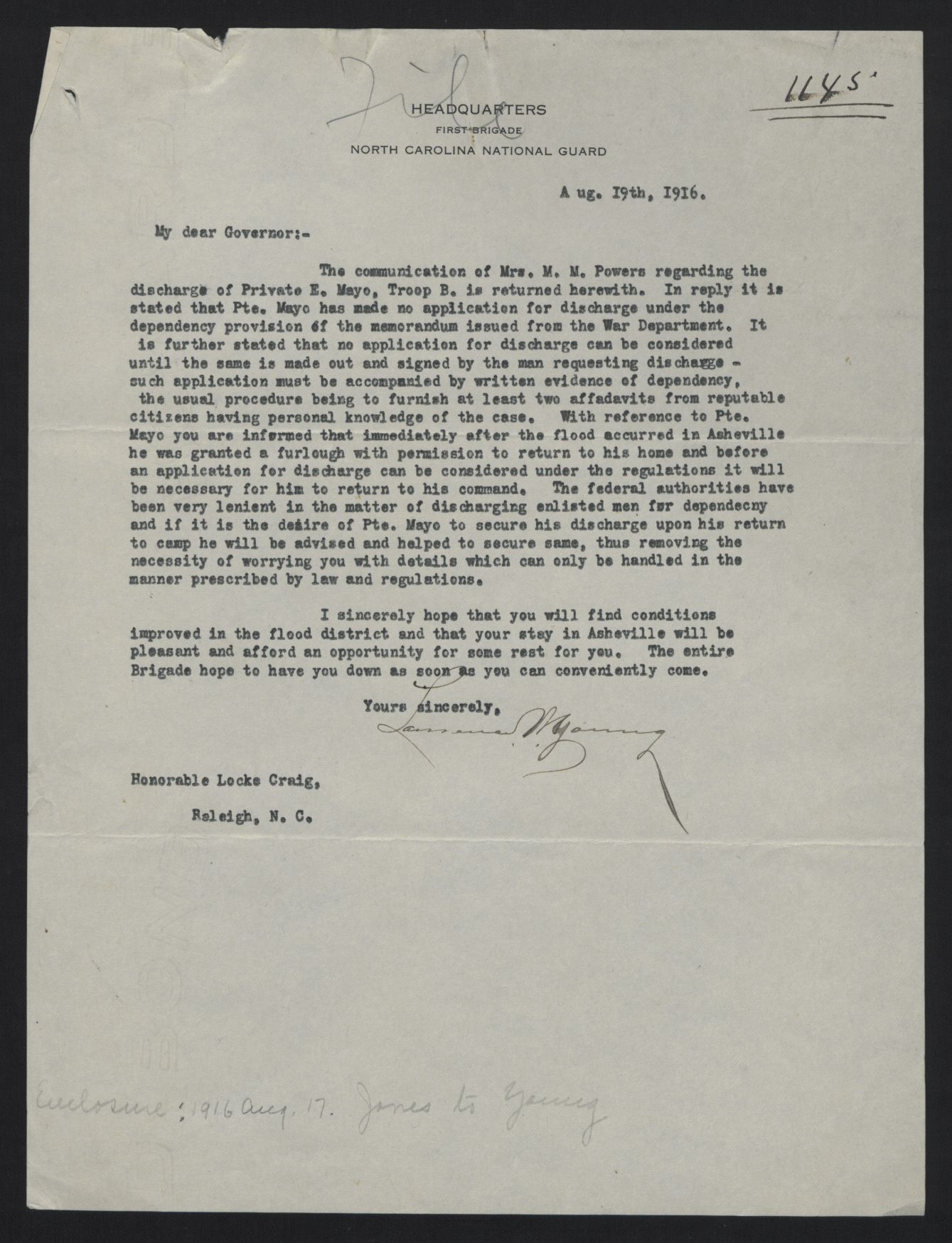 Letter from Young to Craig, August 19, 1916