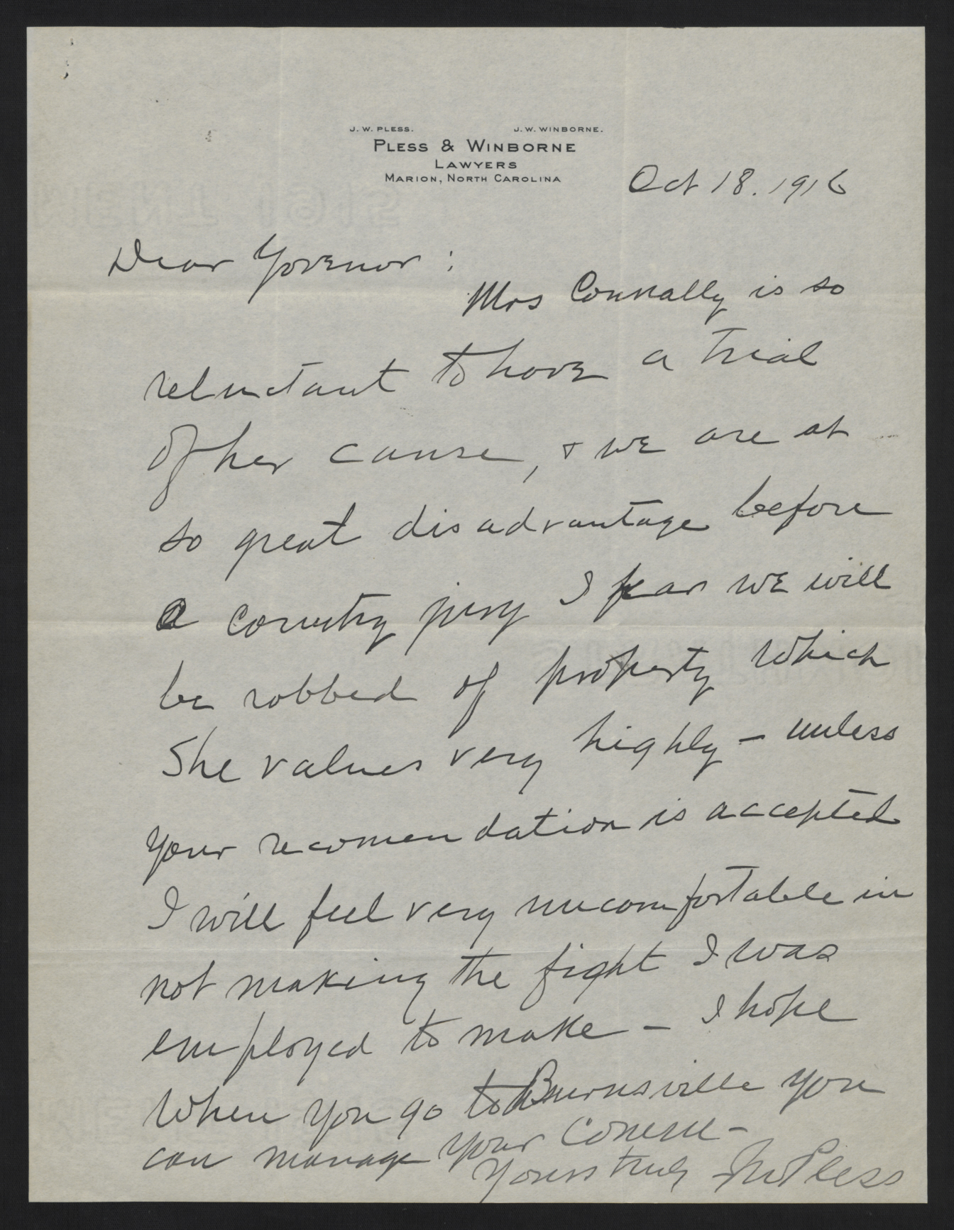 Letter from Pless to Craig, October 18, 1916