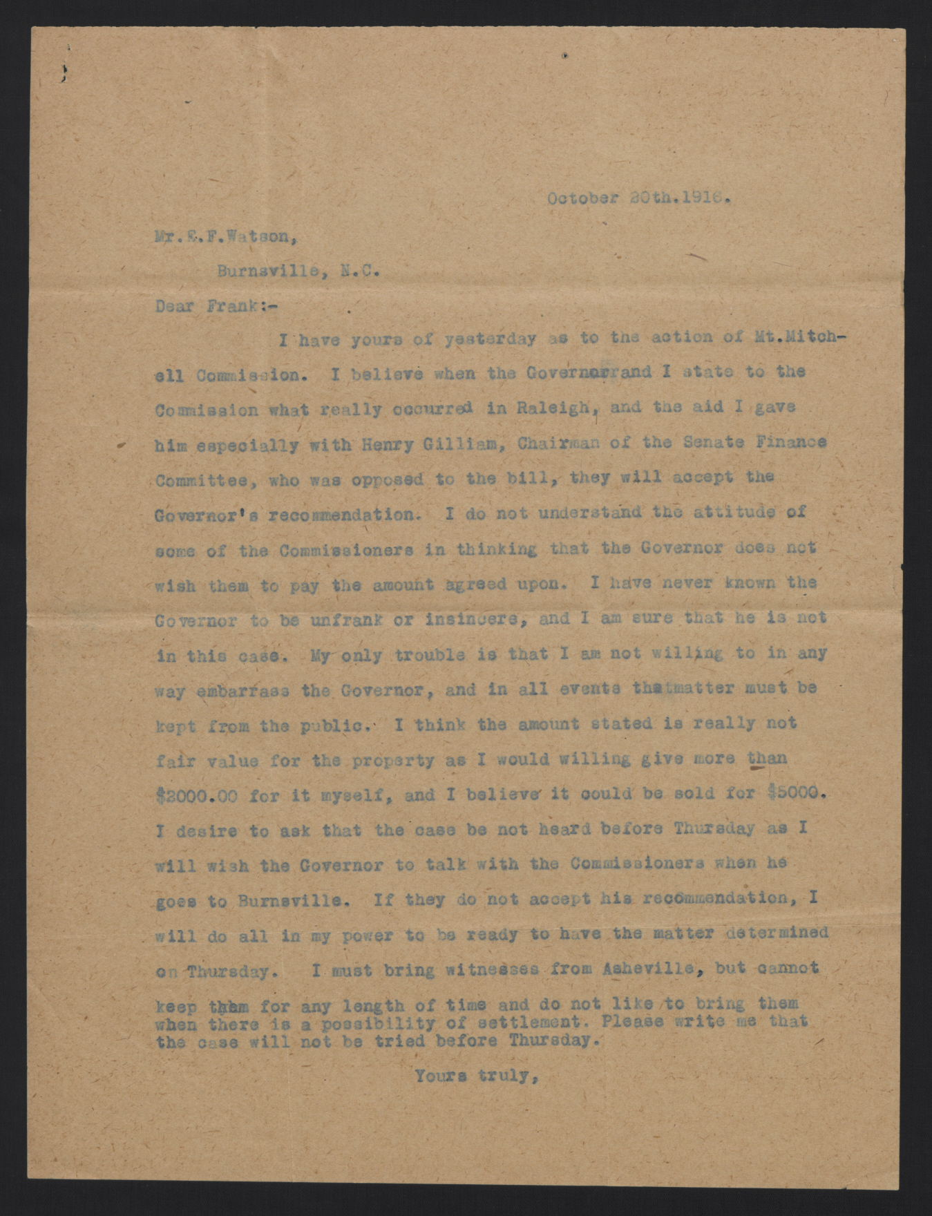 Letter from Unknown Author to Watson, October 20, 1916