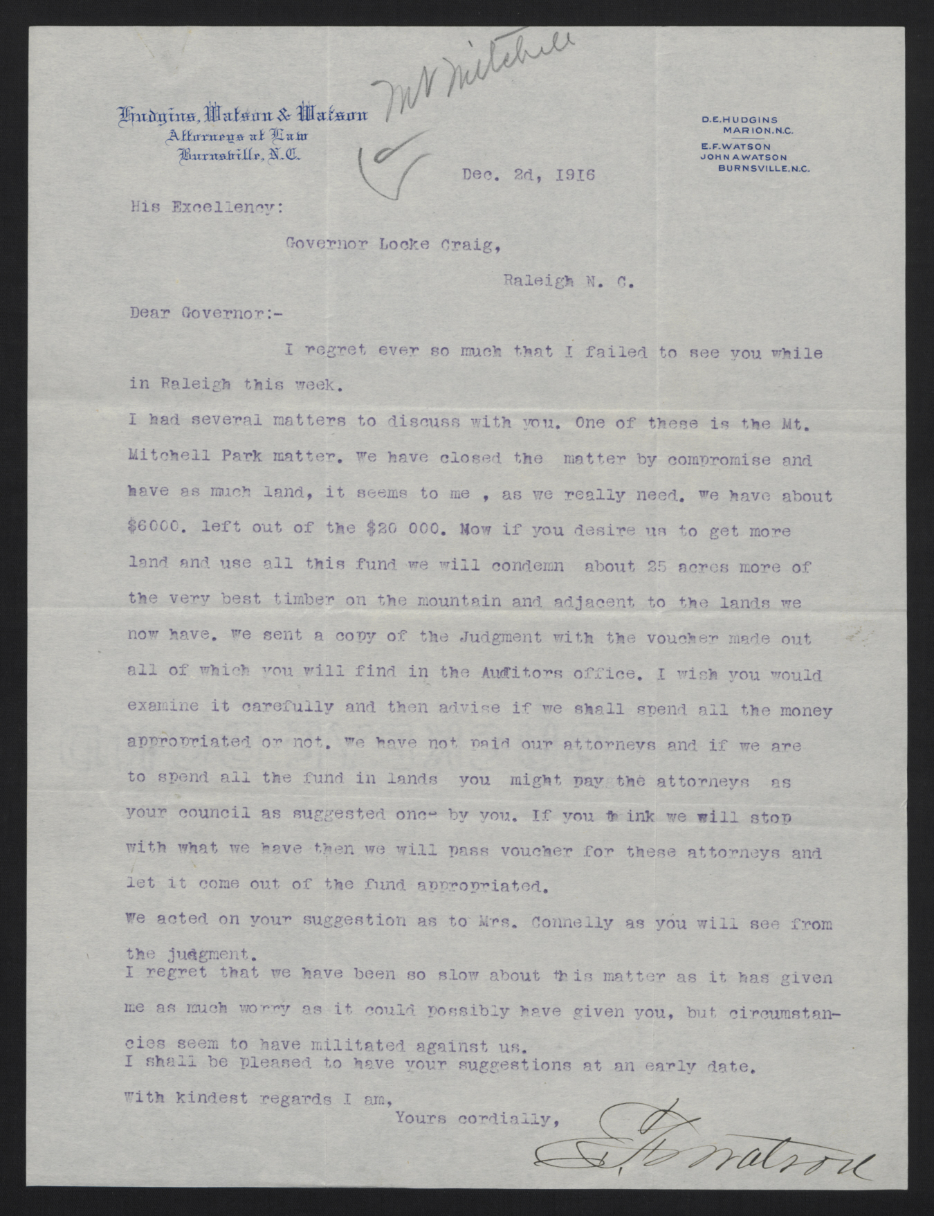 Letter from Watson to Craig, December 2, 1916