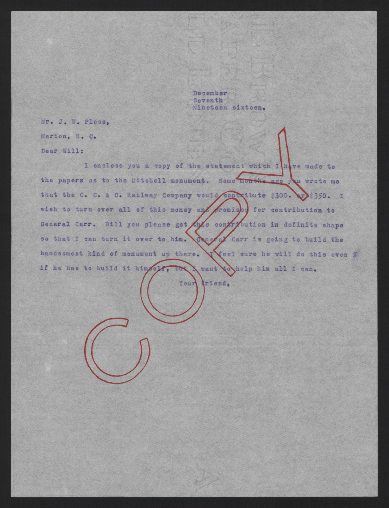 Letter from Craig to Pless, December 7, 1916