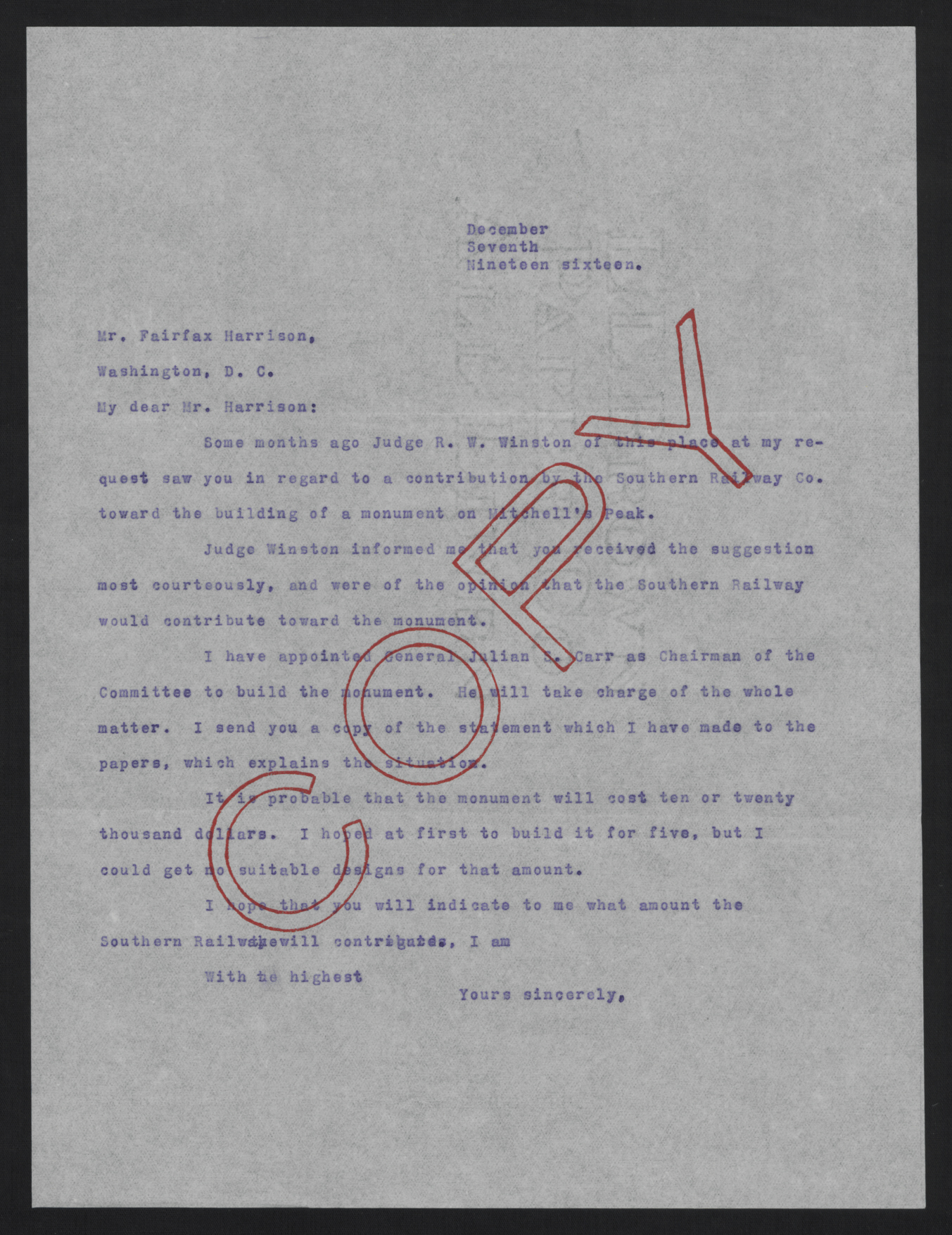 Letter from Craig to Harrison, December 7, 1916