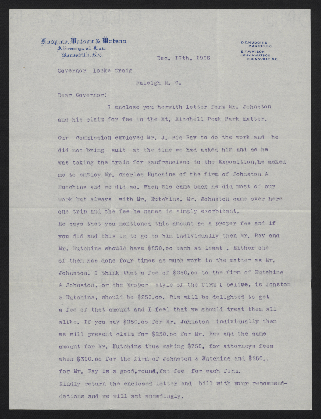 Letter from Watson to Craig, December 11, 1916, page 1