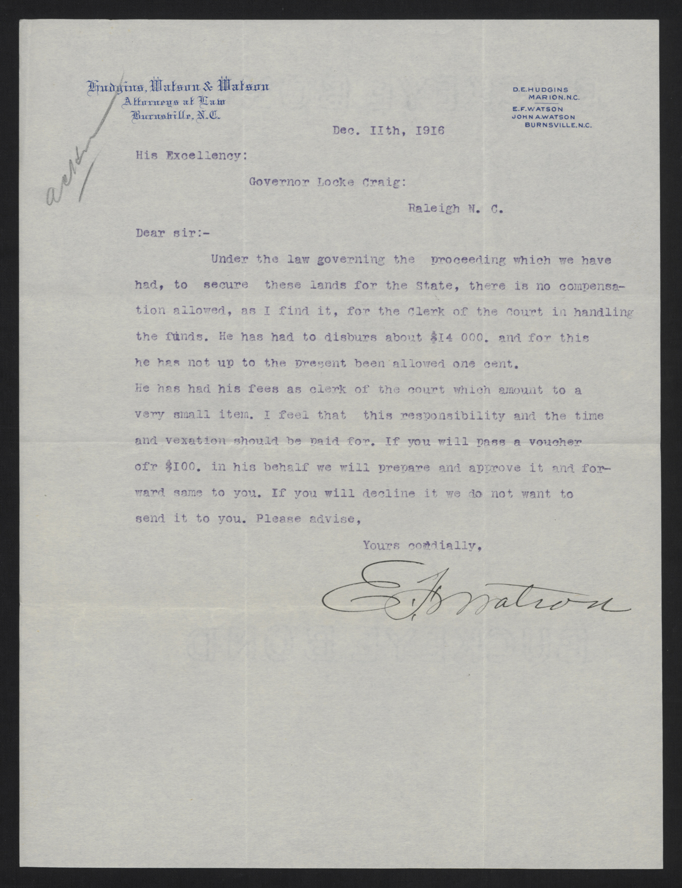 Letter from Watson to Craig, December 11, 1916