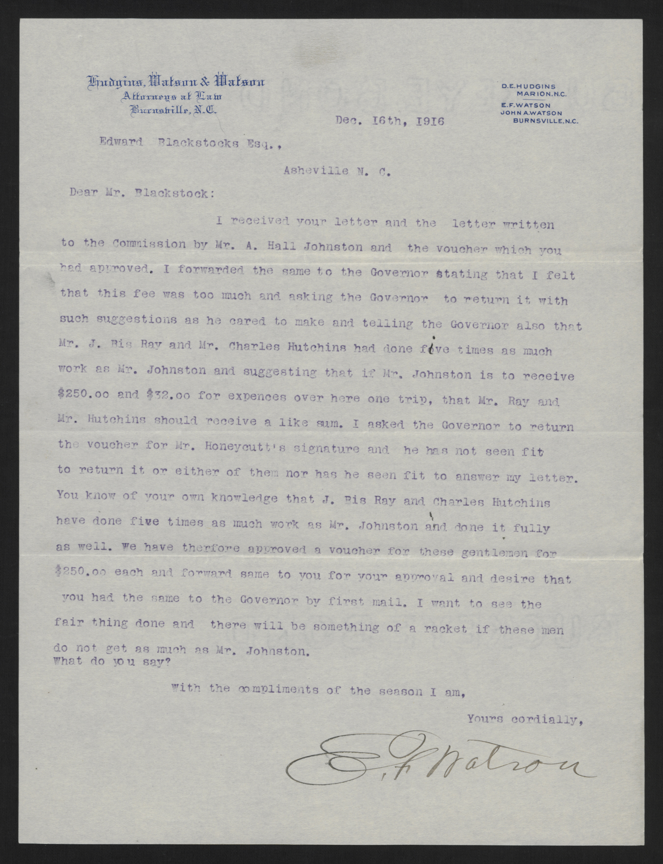 Letter from Watson to Blackstock, December 16, 1916