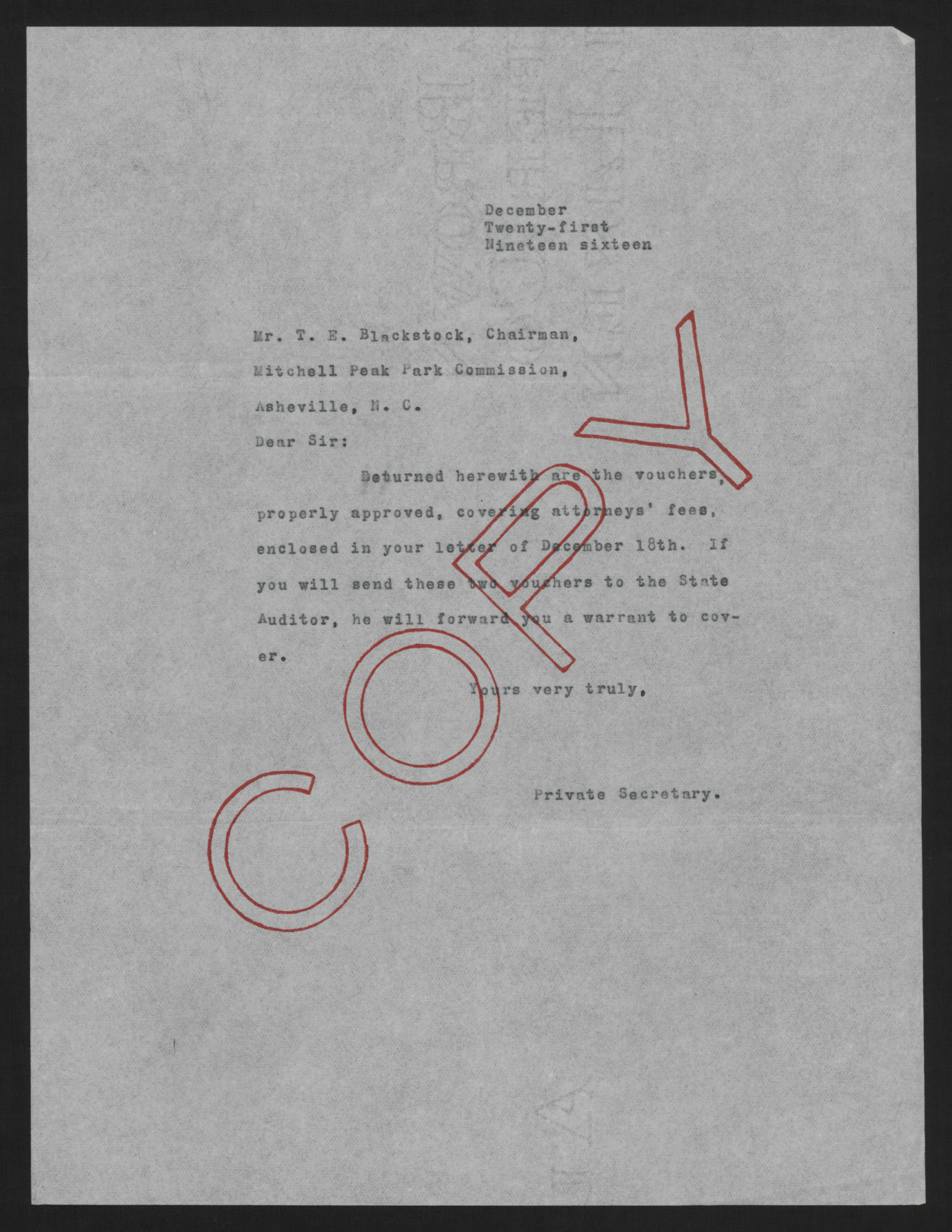 Letter from Jones to Blackstock, December 21, 1916