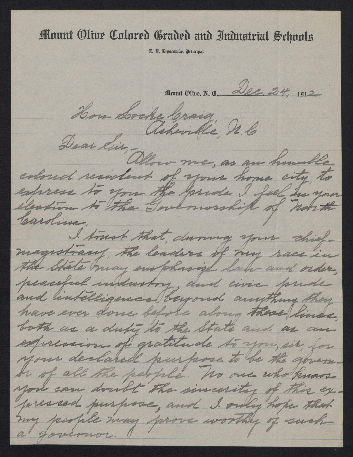 Letter from Lipscombe to Craig, December 24, 1912, page 1