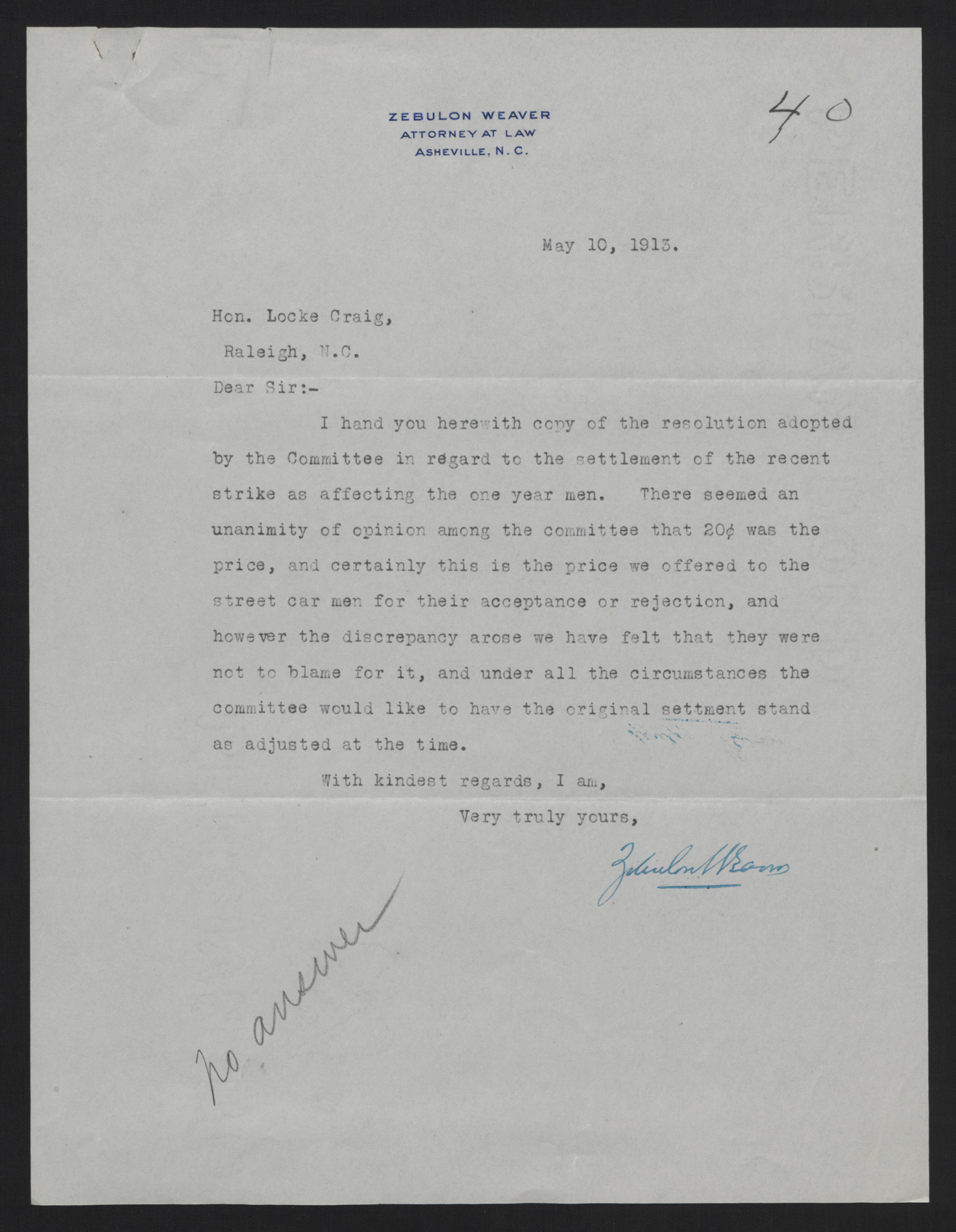 Letter from Weaver to Craig, May 10, 1913