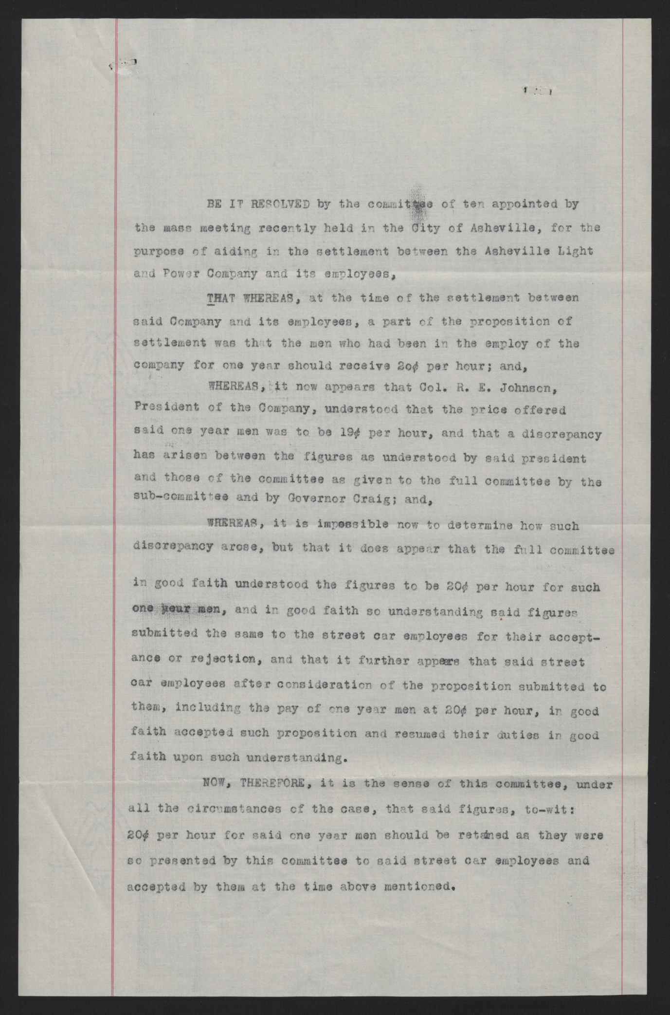Resolution by an Arbitration Committee in an Asheville Labor Dispute, May 1913, page 1