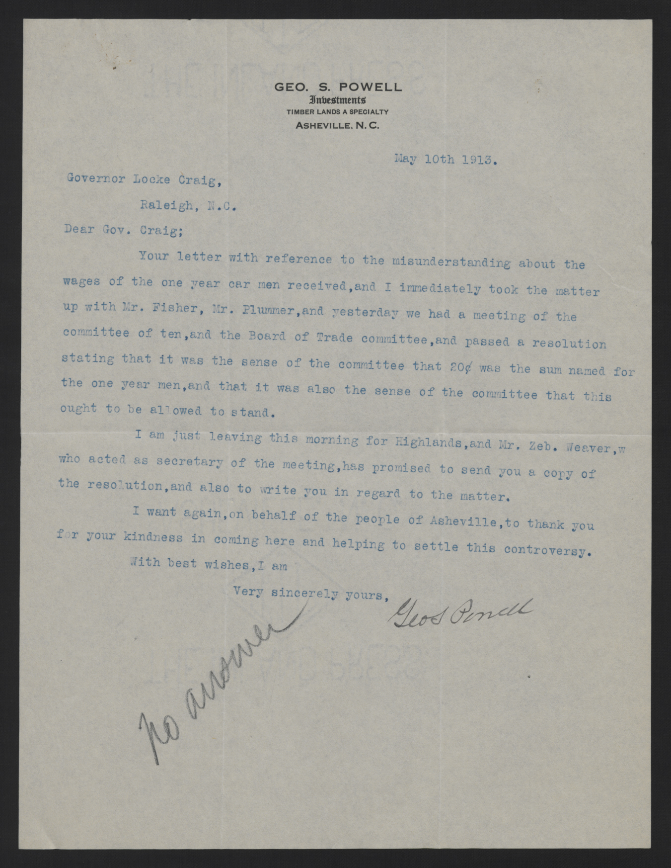 Letter from Powell to Craig, May 10, 1913