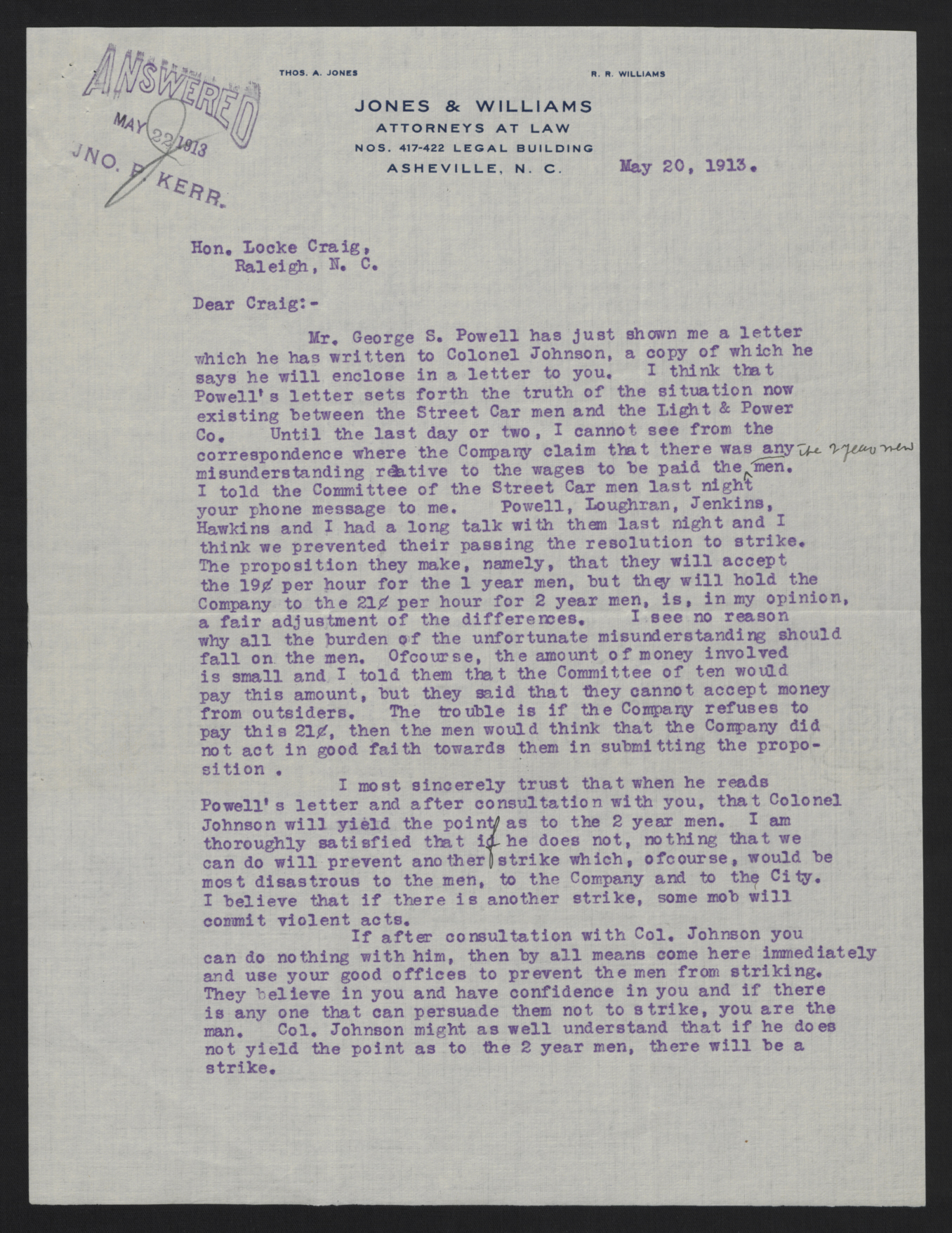 Letter from Thomas A. Jones to Locke Craig, May 20, 1913, page 1