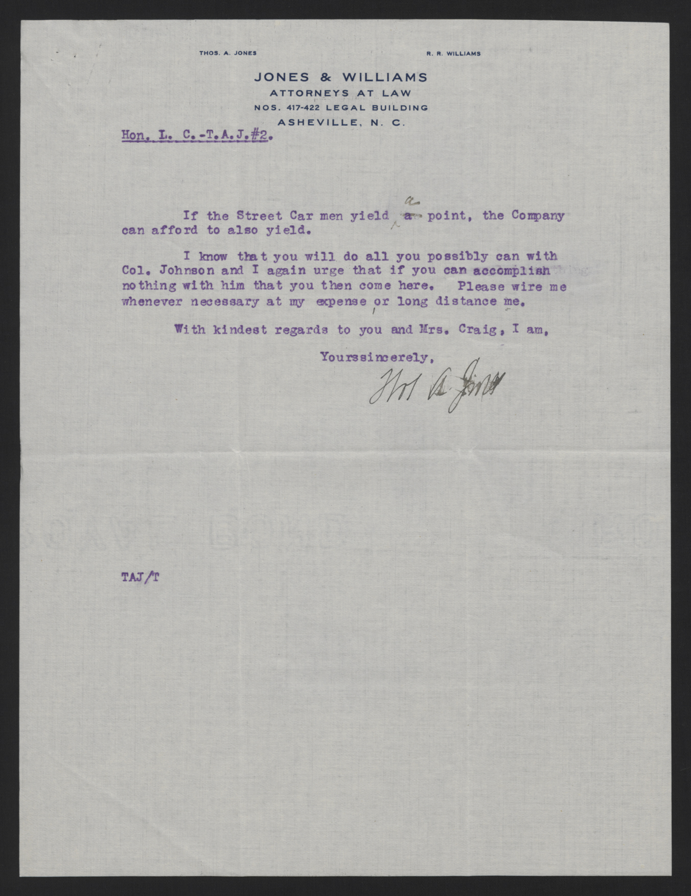 Letter from Thomas A. Jones to Locke Craig, May 20, 1913, page 2
