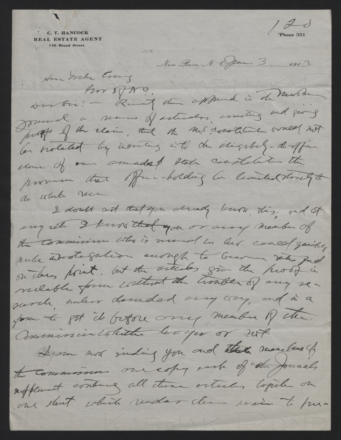 Letter from Hancock to Craig, January 3, 1913, page 1
