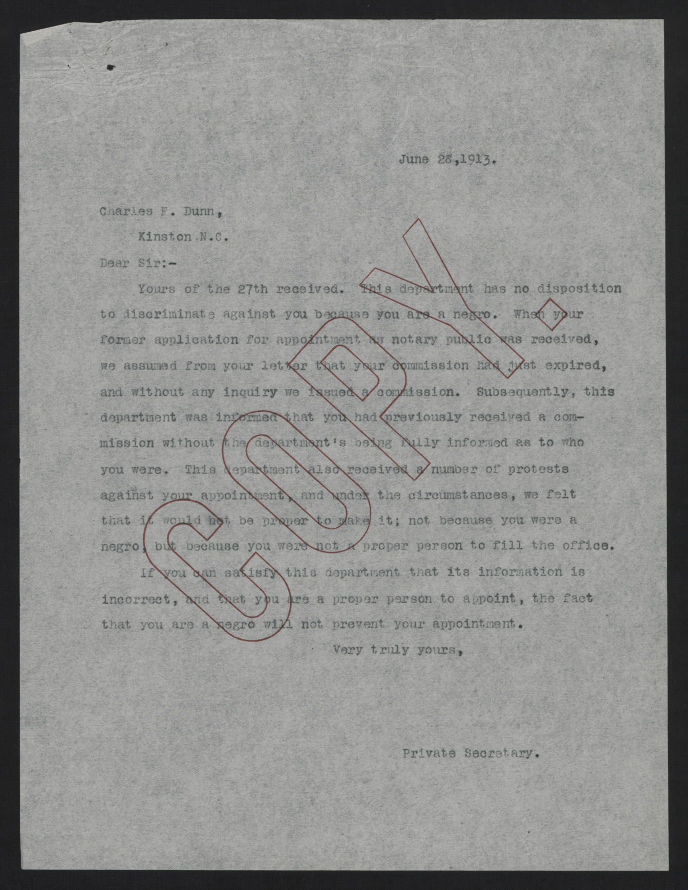 Letter from Kerr to Dunn, June 28, 1913