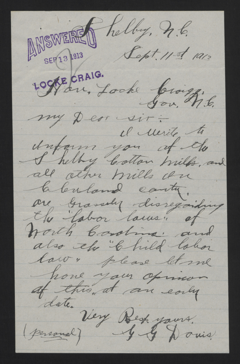 Letter from Davis to Craig, September 11, 1913