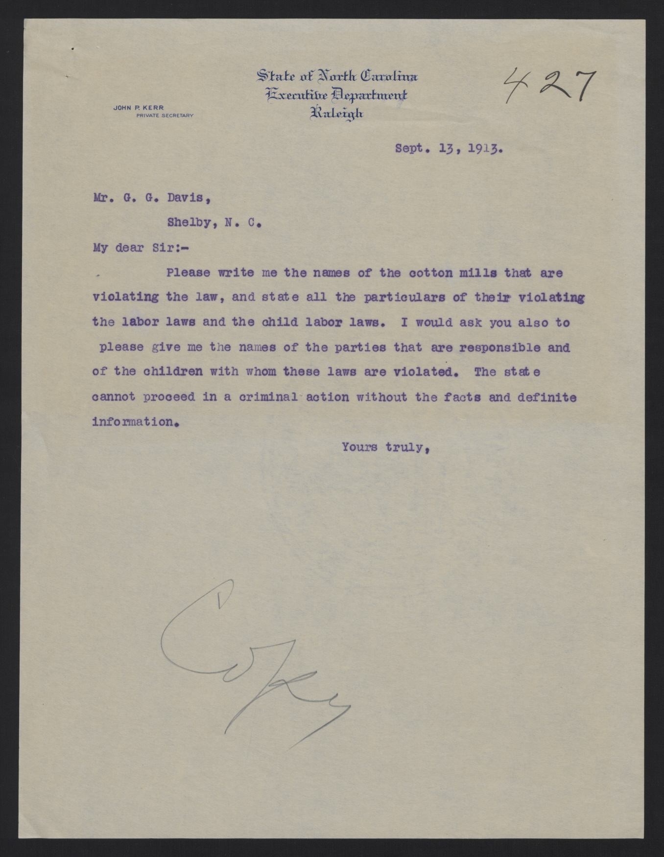 Letter from Craig to Davis, September 13, 1913