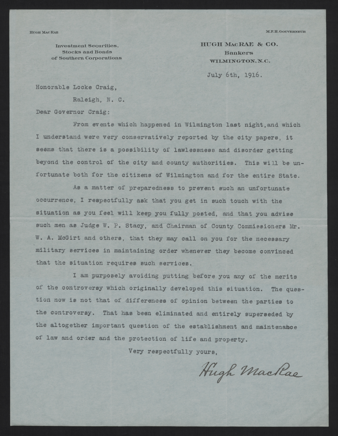 Letter from MacRae to Craig, July 6, 1916
