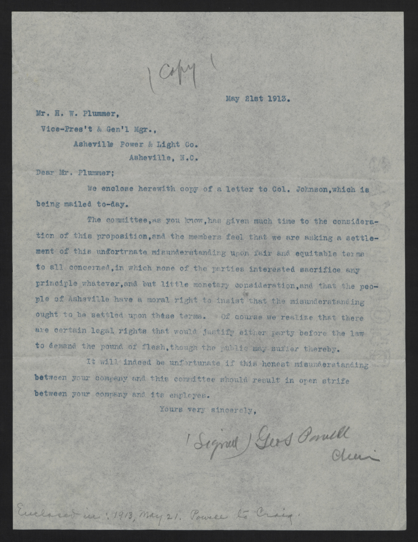 Letter from Powell to Plummer, May 21, 1913
