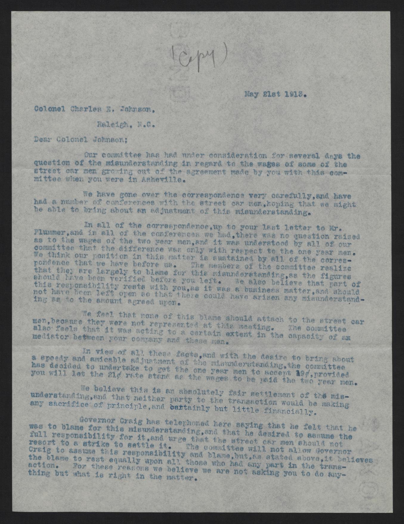 Letter from Powell to Johnston, May 21, 1913