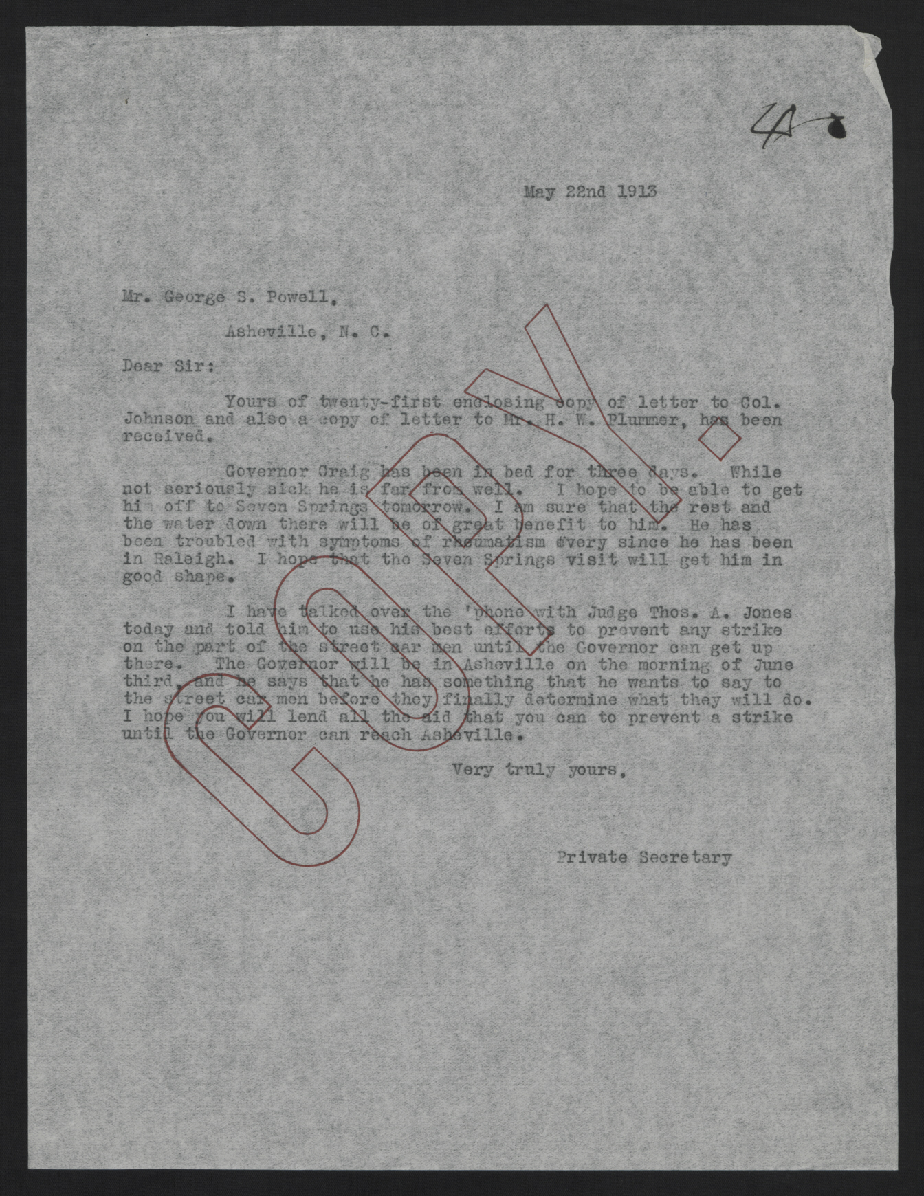 Letter from Kerr to Powell, May 22, 1913