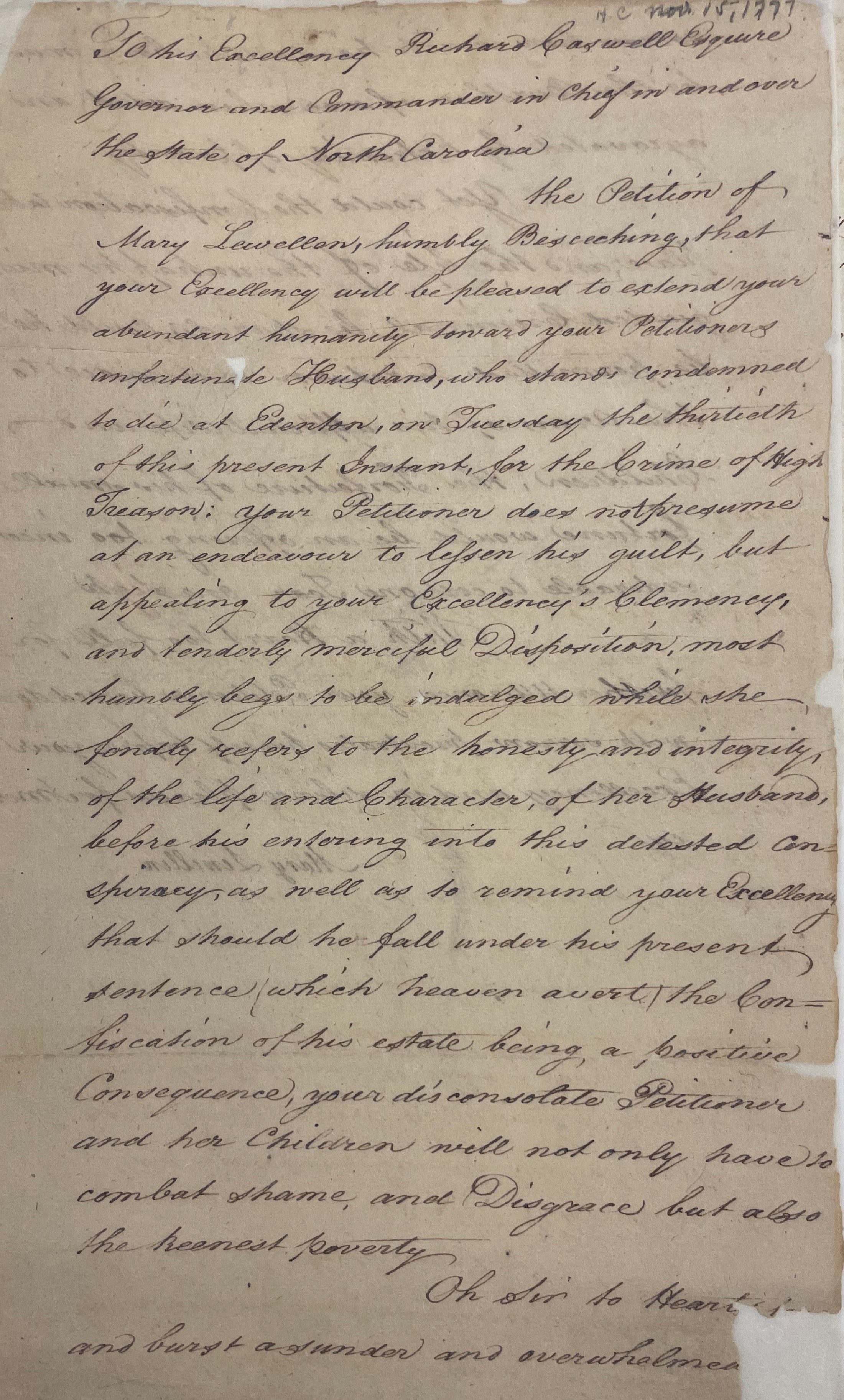 Handwritten petition from Mary Lewellen to Richard Caswell