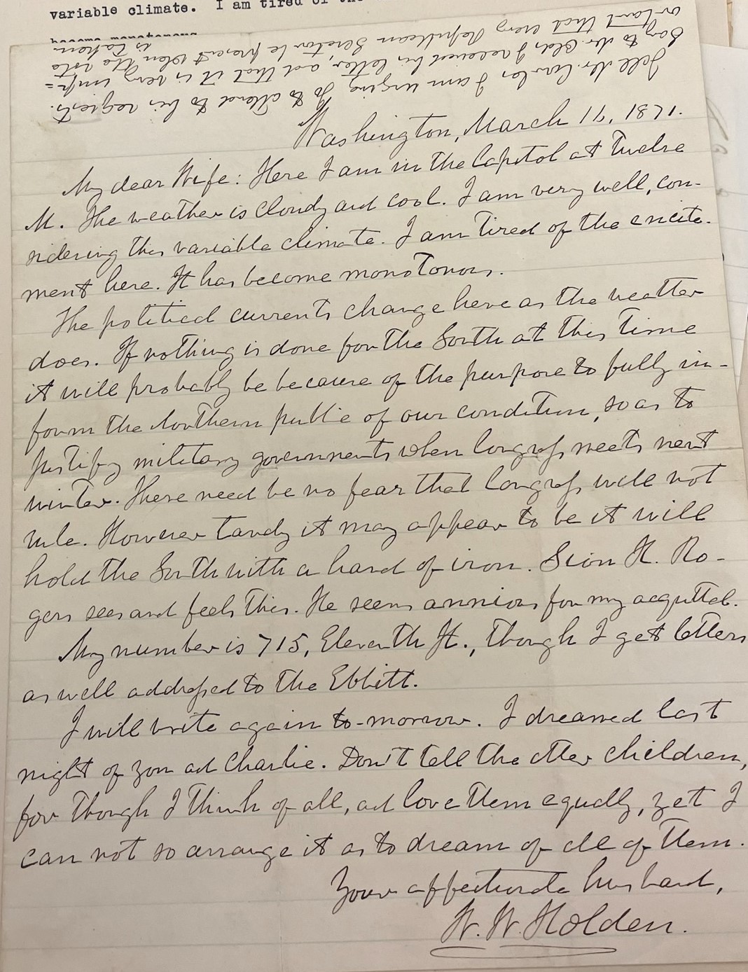 Letter from William Woods Holden to Louisa Virginia Holden, 16 March 1871. Photo 1