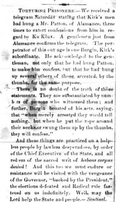 Newspaper article about George W. Kirk torturing prisoners, August 5th, 1870. Picture 1.