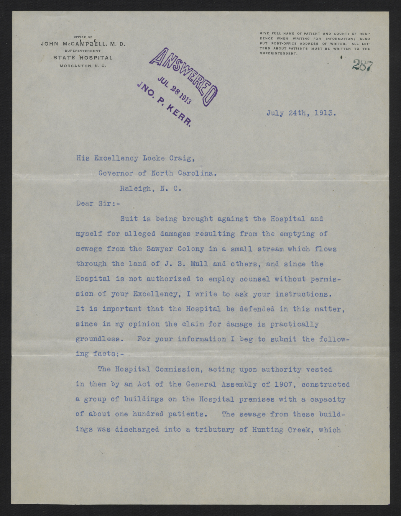 Letter from McCampbell to Craig, July 24, 1913, page 1