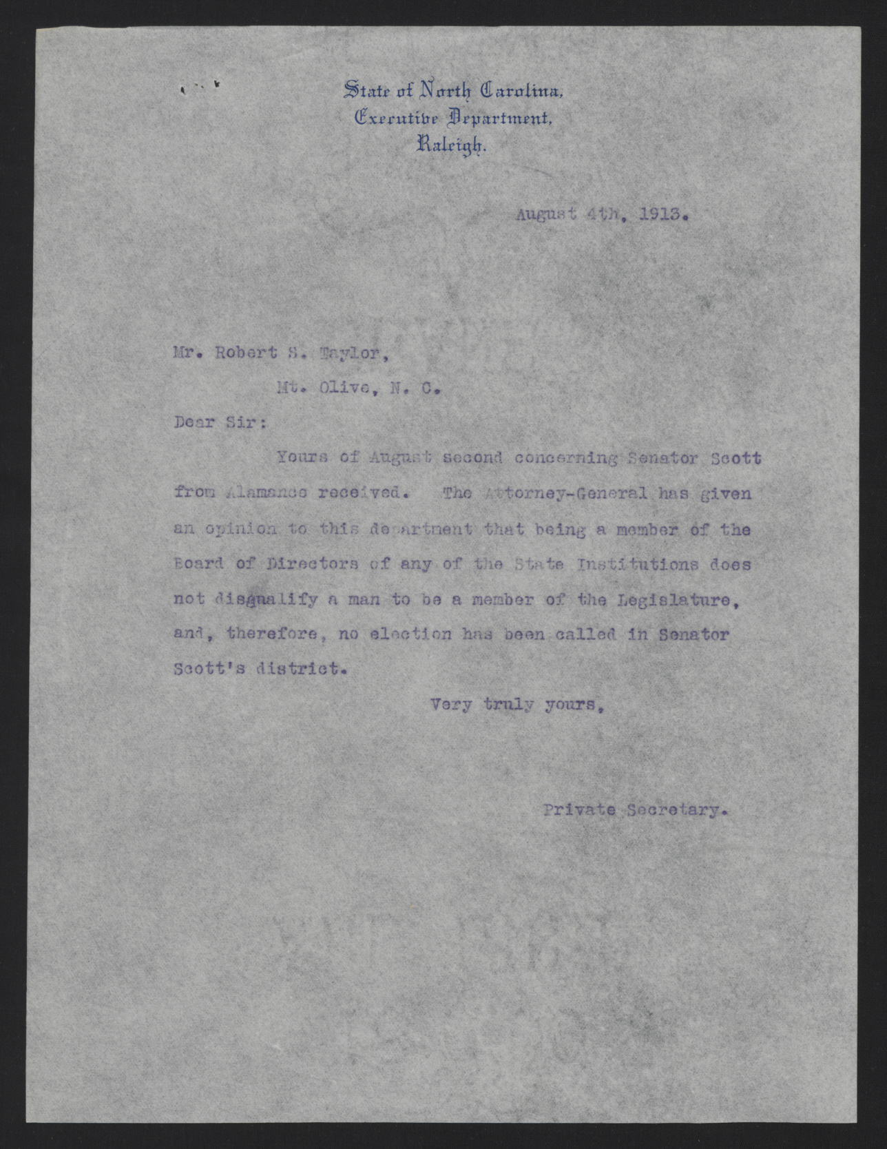 Letter from Kerr to Taylor, August 4, 1913