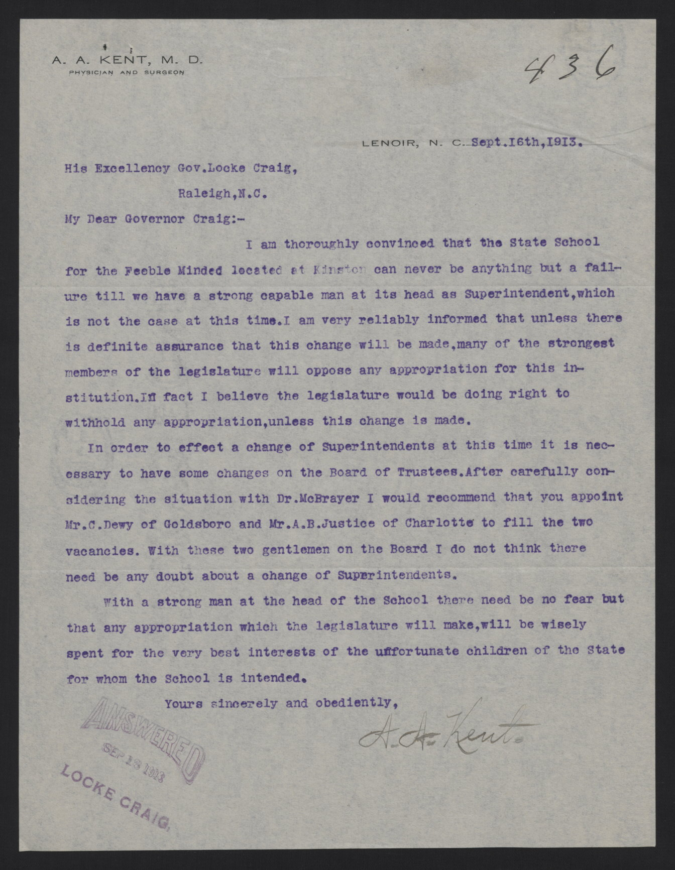 Letter from Kent to Craig, September 16, 1913