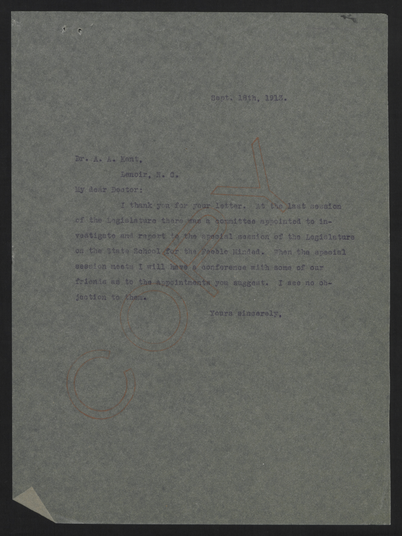 Letter from Craig to Kent, September 18, 1913