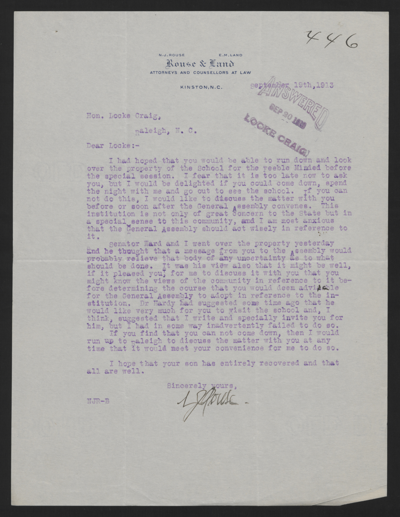 Letter from Rouse to Craig, September 19, 1913