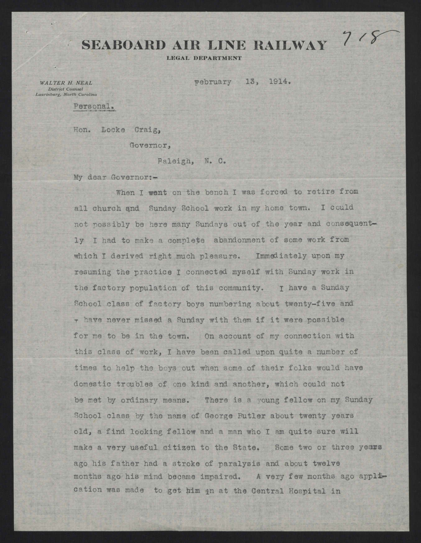 Letter from Neal to Craig, February 13, 1914, page 1